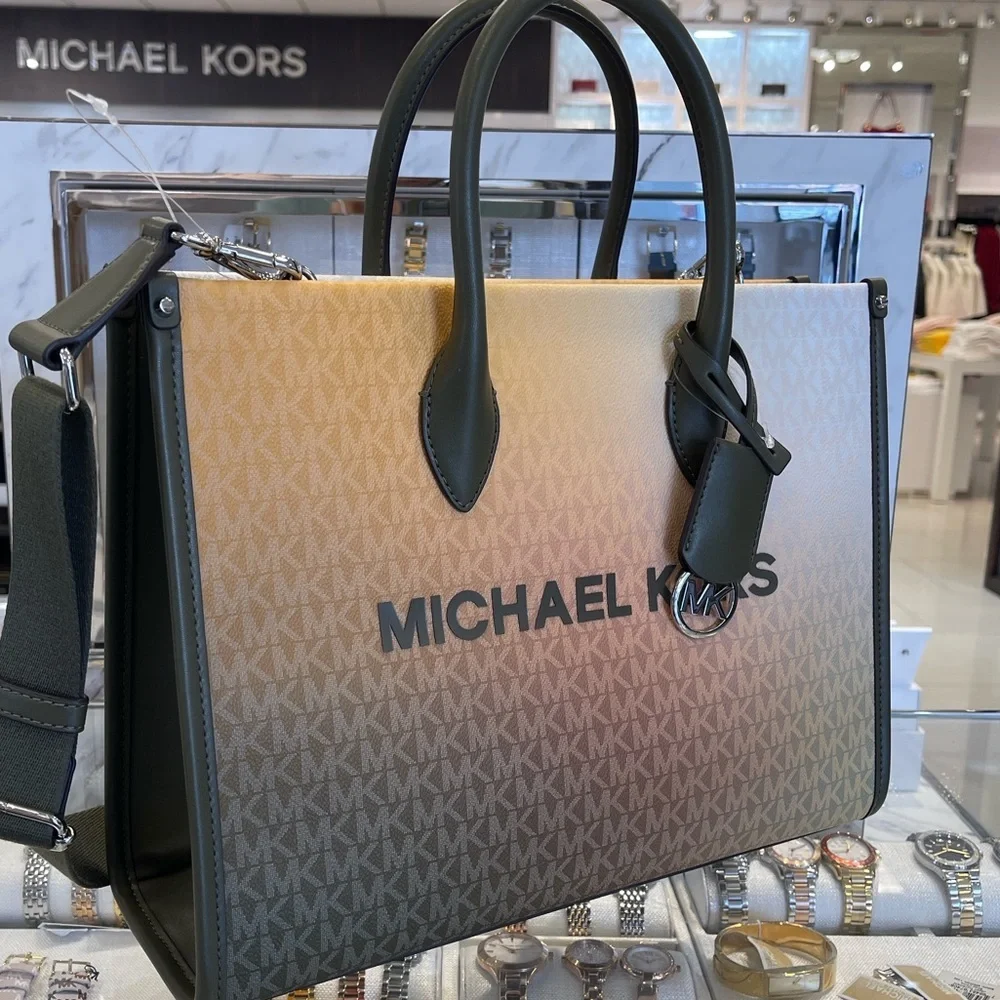 MICHAEL KORS Mirella Medium Ombré Signature Logo Tote Bag Olive Combo  NWT